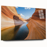 Stunning landscape acrylic art showcasing vibrant canyons in rich hues, displayed from a side view without pins, perfect for modern home decor.