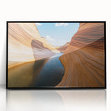 Framed acrylic artwork showcasing a stunning landscape of canyons, featuring vibrant colors and intricate details, perfect for enhancing home decor.