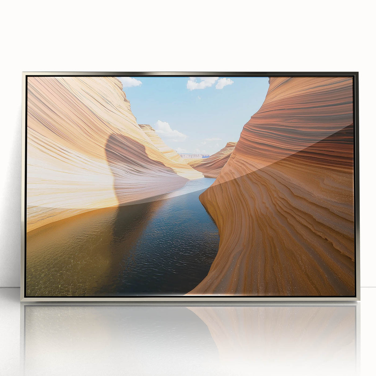 Framed acrylic artwork depicting a stunning landscape of canyons in rich earth tones, showcasing intricate details and high-quality craftsmanship, perfect for home decor.