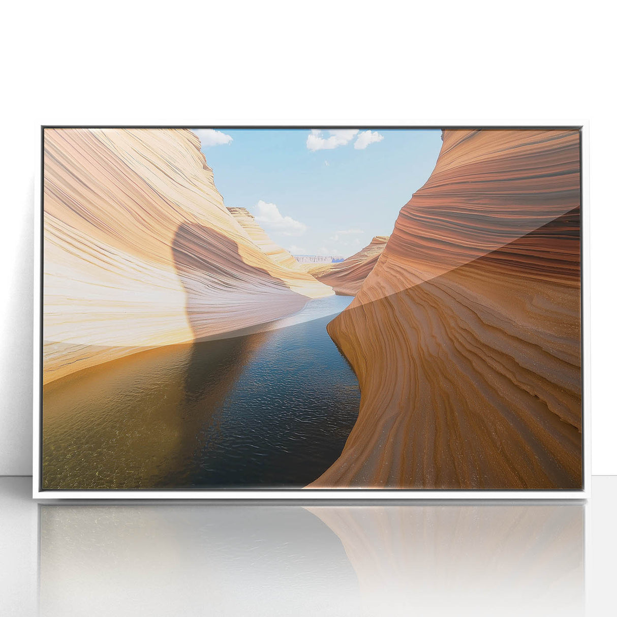 Framed acrylic artwork depicting a vibrant landscape of canyons, showcasing rich earthy tones and intricate details, perfect for home decor enthusiasts seeking nature-inspired art.