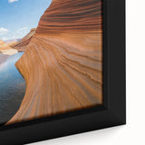 Close-up of a framed landscape canvas depicting vibrant canyons in rich earthy tones, showcasing intricate details and textures, perfect for home decor.