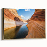 Framed landscape canvas depicting a stunning canyon scene with vibrant gold accents, showcasing natural beauty and depth, perfect for home decor.