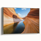 Framed canvas artwork showcasing a stunning landscape of canyons with a silver frame. The piece highlights vibrant colors and intricate details, perfect for enhancing home decor.