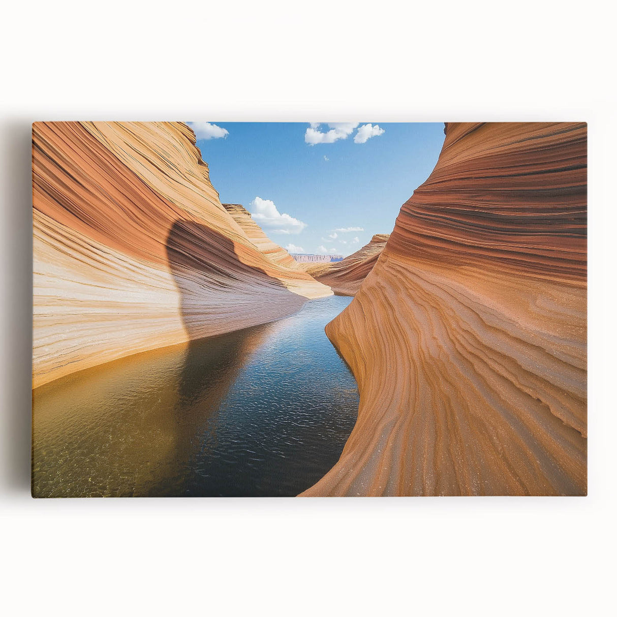 Stretched canvas artwork depicting vibrant, layered canyons in a rich palette of reds and oranges, perfect for enhancing modern home decor with its stunning landscape.