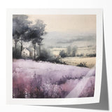 Landscape wall art print showcasing a serene countryside scene with vibrant green fields and a clear blue sky, elegantly displayed in a glossy finish, perfect for home decor.