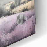 Close-up of a landscape wall art print depicting a serene countryside scene, featuring vibrant greens and blues, displayed in an acrylic frame for a modern touch.