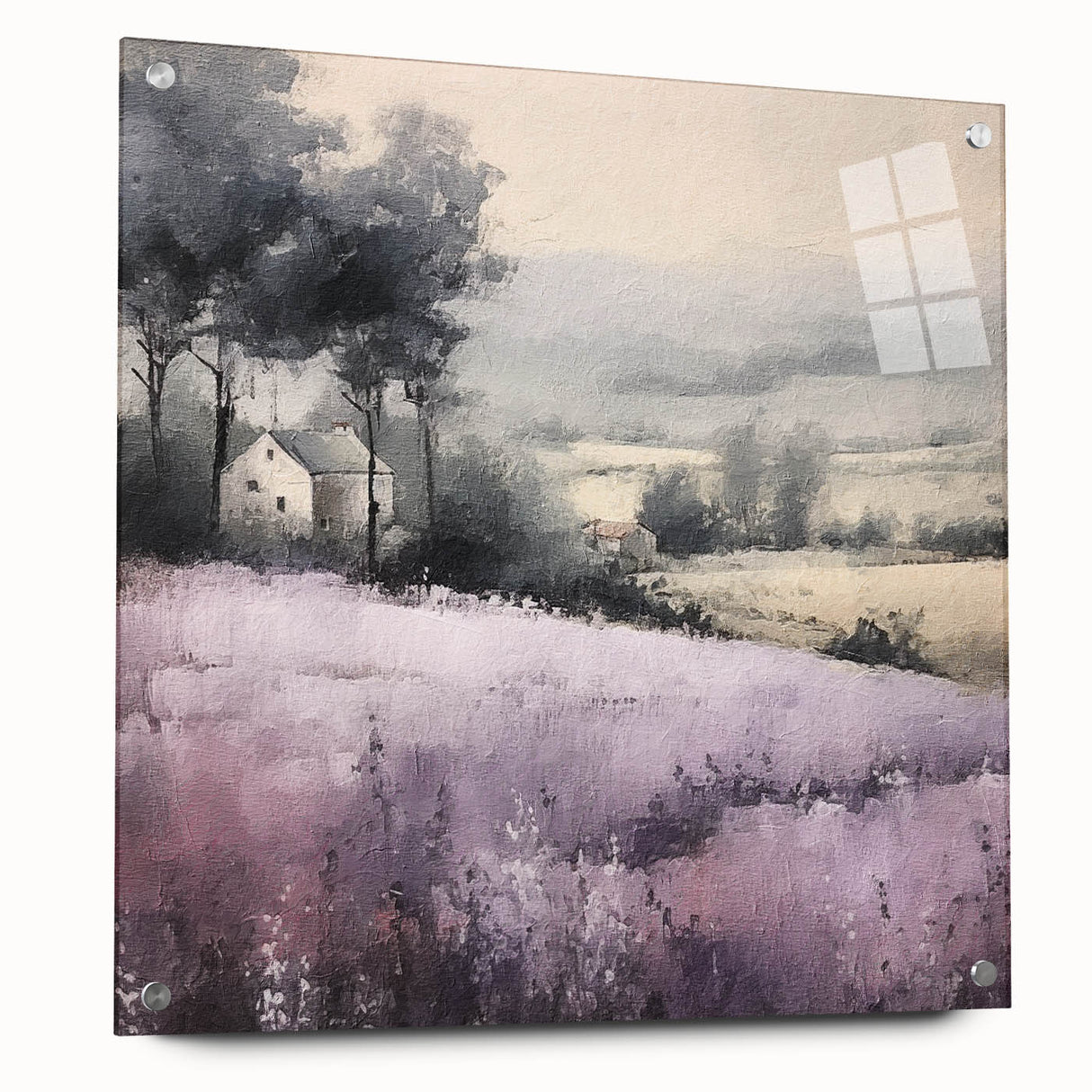 Landscape wall art showcasing a serene countryside scene printed on acrylic glass, displayed at an angle with visible mounting pins, enhancing home decor aesthetics.