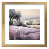 Framed landscape wall art depicting a serene countryside scene, featuring a gold mat and elegant frame, perfect for enhancing home decor aesthetics.