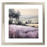 Landscape wall art framed in silver, showcasing a serene countryside scene with lush greenery and rolling hills, ideal for home decor enhancement.