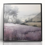 Framed landscape wall art depicting a serene countryside scene with rolling hills and vibrant greenery, presented in an elegant black frame for modern decor.