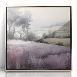 Framed acrylic wall art showcasing a serene countryside landscape with vibrant green fields and a golden frame, ideal for home decor and art enthusiasts.