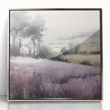 Framed acrylic wall art depicting a serene landscape of rolling hills and green countryside, presented in a sleek silver frame, ideal for home decor.