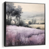 Framed landscape wall art depicting a serene countryside scene with rolling hills and greenery, showcased in a sleek black frame, enhancing any home decor.