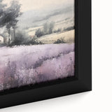 Framed landscape wall art showcasing a serene countryside scene with rolling hills, vibrant green fields, and a clear blue sky, ideal for home decor.