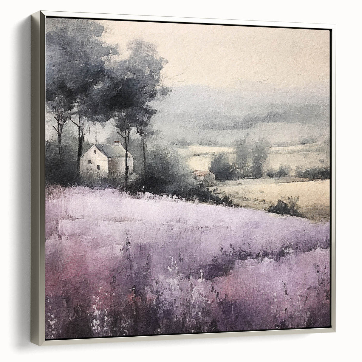 Framed canvas wall art showcasing a serene countryside landscape with lush green fields and a tranquil sky, presented in an elegant silver frame, perfect for home decor.
