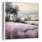 Framed canvas wall art depicting a serene landscape of rolling hills and lush greenery, elegantly presented in a white frame, perfect for enhancing home decor.