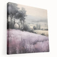 Stretched canvas wall art showcasing a serene countryside landscape with lush green fields and a vibrant blue sky, perfect for home decor.
