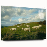 Acrylic glass artwork showcasing a vibrant countryside landscape with rolling hills and a clear blue sky, displayed in a side view with push pins for easy mounting.
