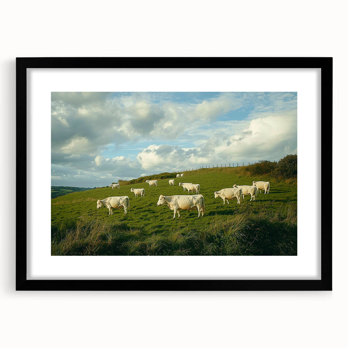 Black-framed landscape artwork showcasing a serene countryside scene with vibrant greenery and rolling hills, elegantly matted for a polished look. Perfect for home decor.