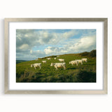 Elegant silver-framed landscape artwork featuring a serene countryside scene, complete with a mat for added depth, ideal for home decor.