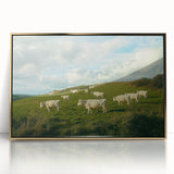 Framed acrylic artwork displaying a vibrant countryside landscape with rolling hills, lush greenery, and a serene sky, elegantly bordered in gold. Ideal for home decor.