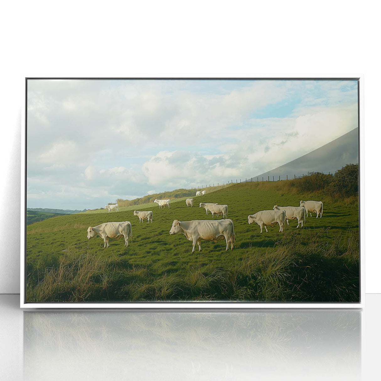 Framed acrylic artwork showcasing a serene countryside landscape with vibrant green fields and a clear blue sky, designed to enhance home decor.