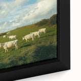 Framed canvas art showcasing a serene countryside landscape with rolling hills and vibrant greenery, perfect for home decor and enhancing ambiance.