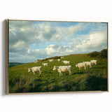 Framed canvas artwork showcasing a serene countryside landscape with vibrant greens and gold accents, elegantly displayed from the side view against a neutral background.