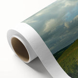 Beautiful countryside landscape on a rolled canvas, showcasing vibrant green fields under a clear blue sky, ideal for home decor or art enthusiasts.