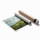 Rolled landscape print showcasing a serene countryside scene with lush green fields and a vibrant sunset, packaged securely in a protective cardboard tube for delivery.