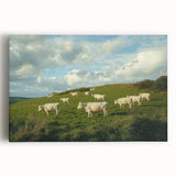 Stretched canvas artwork depicting a serene countryside landscape with lush green fields and a clear blue sky, ideal for home decor and nature lovers.