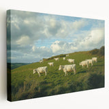 Stretched canvas artwork showcasing a serene countryside landscape, featuring vibrant greens and soft blue skies, designed to enhance any home decor.