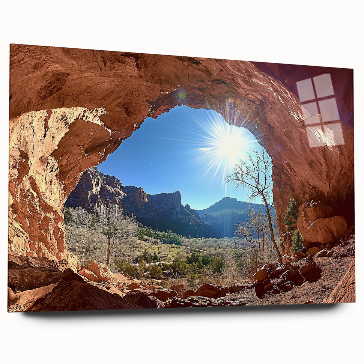 Acrylic glass artwork showcasing a stunning desert landscape in vibrant hues of orange and yellow, framed elegantly for a modern aesthetic. Ideal for home decor.