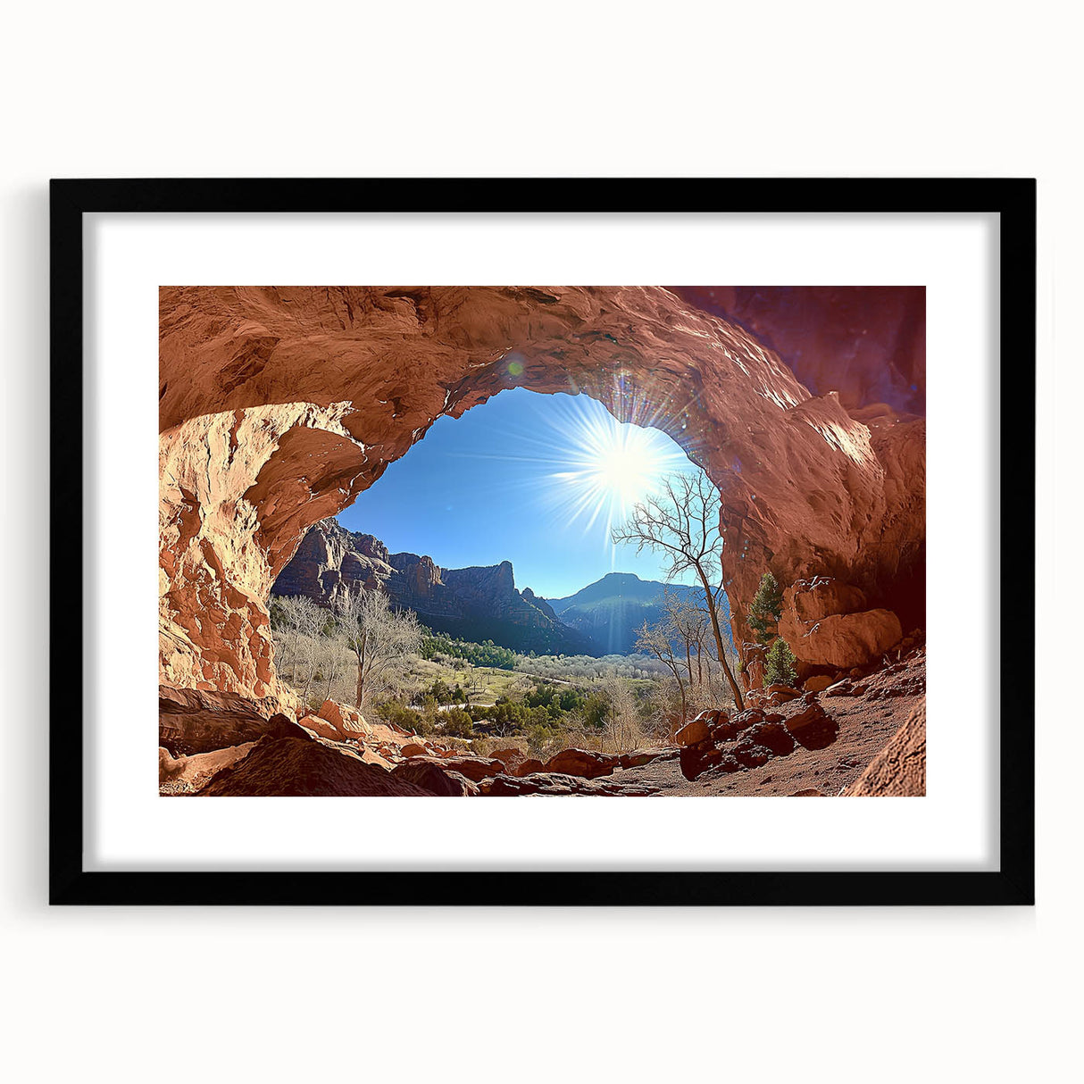 Framed desert landscape artwork with a black matte frame, showcasing vibrant sandy hues and striking mountain silhouettes, perfect for home décor.