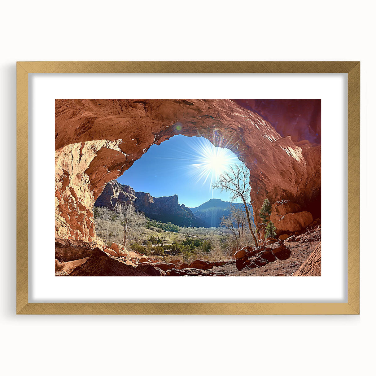 Desert landscape framed artwork featuring a sophisticated gold mat, showcasing warm earthy tones and intricate details, perfect for home decor or office aesthetics.