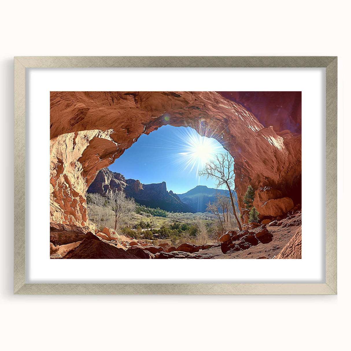 Desert landscape artwork framed in sleek silver with a mat, showcasing vibrant colors and intricate details, perfect for home decor or office spaces.
