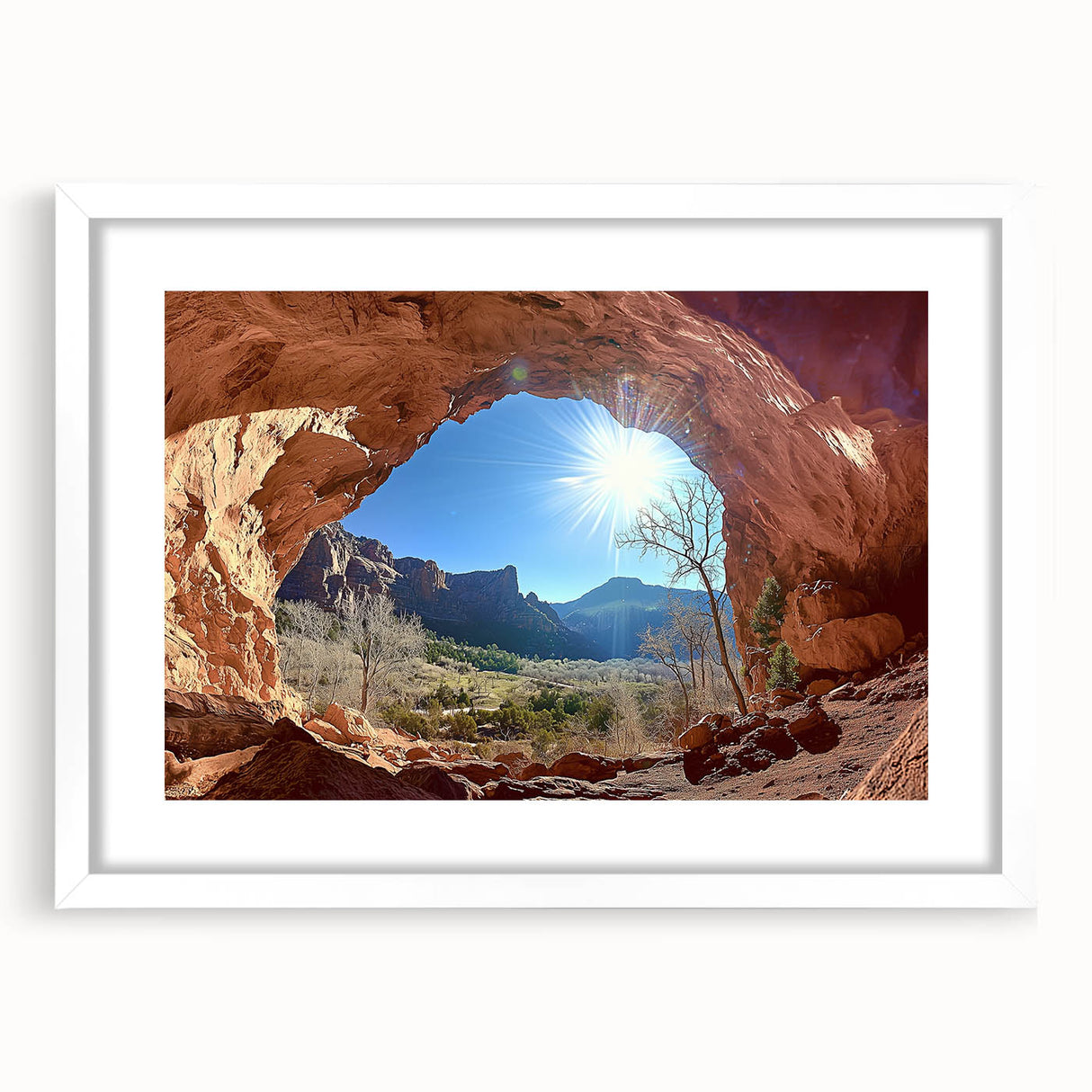 Desert landscape artwork framed in a sleek white mat, showcasing warm tones of orange and brown. Ideal for home decor, this piece adds a serene touch to any space.