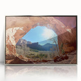 Framed acrylic artwork showcasing a vibrant desert landscape with rich orange and yellow hues, perfect for modern home decor. Offers a striking visual impact.