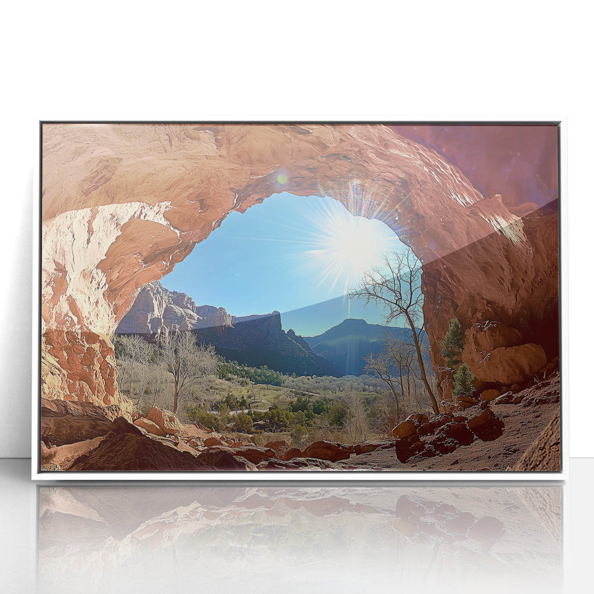 Framed acrylic artwork depicting a vibrant desert landscape with warm tones of orange and yellow, set in a sleek white frame, ideal for modern home decor.