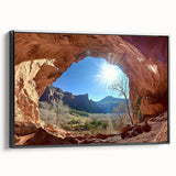 Framed canvas artwork depicting a serene desert landscape with warm earth tones, featuring a sleek black frame and a side view showcasing the depth and texture of the piece. Ideal for modern home decor.