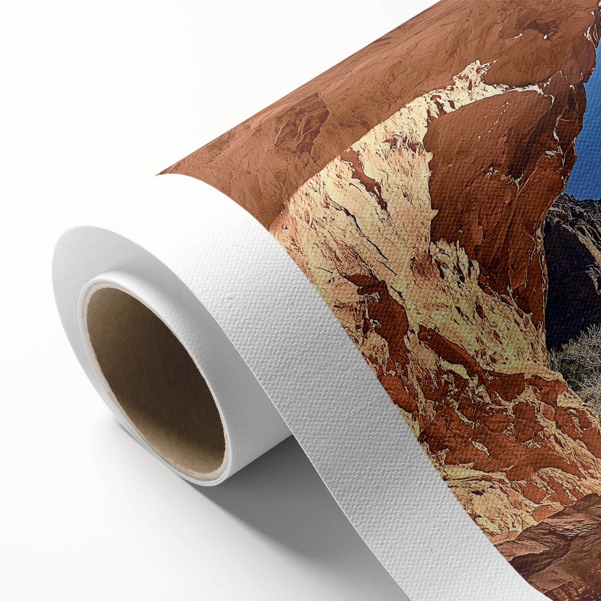 Desert landscape rolled canvas artwork showcasing vibrant sunset hues and intricate details, elegantly packaged in a protective cardboard tube for easy display.