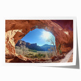 Desert landscape rolled canvas print showcasing vibrant warm hues of orange and yellow, featuring rolling dunes under a clear blue sky, ideal for home decor.