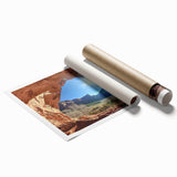 Desert landscape canvas print showcasing vibrant orange and yellow hues, featuring rolling dunes and a serene twilight sky, rolled in a protective tube for shipping.
