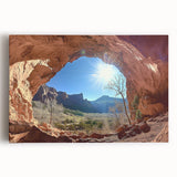 Vibrant desert landscape stretched canvas artwork showcasing warm tones of orange and yellow with a dramatic sunset, ideal for home decor or art enthusiasts.