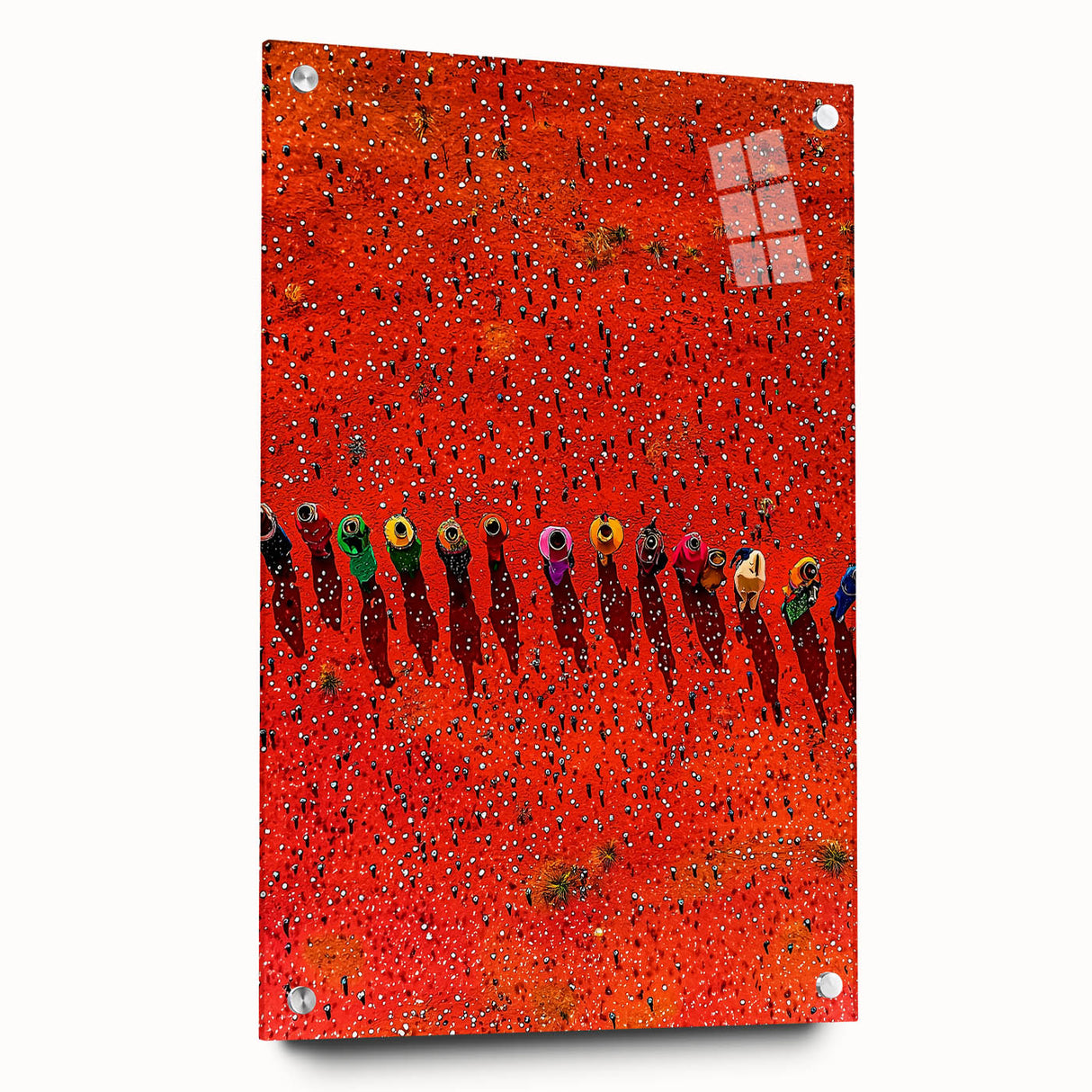 Acrylic glass artwork displaying a vibrant landscape of rolling fields, showcasing lush green hues and intricate details, mounted with pins for a modern presentation.