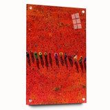 Acrylic glass artwork displaying a vibrant landscape of rolling fields, showcasing lush green hues and intricate details, mounted with pins for a modern presentation.