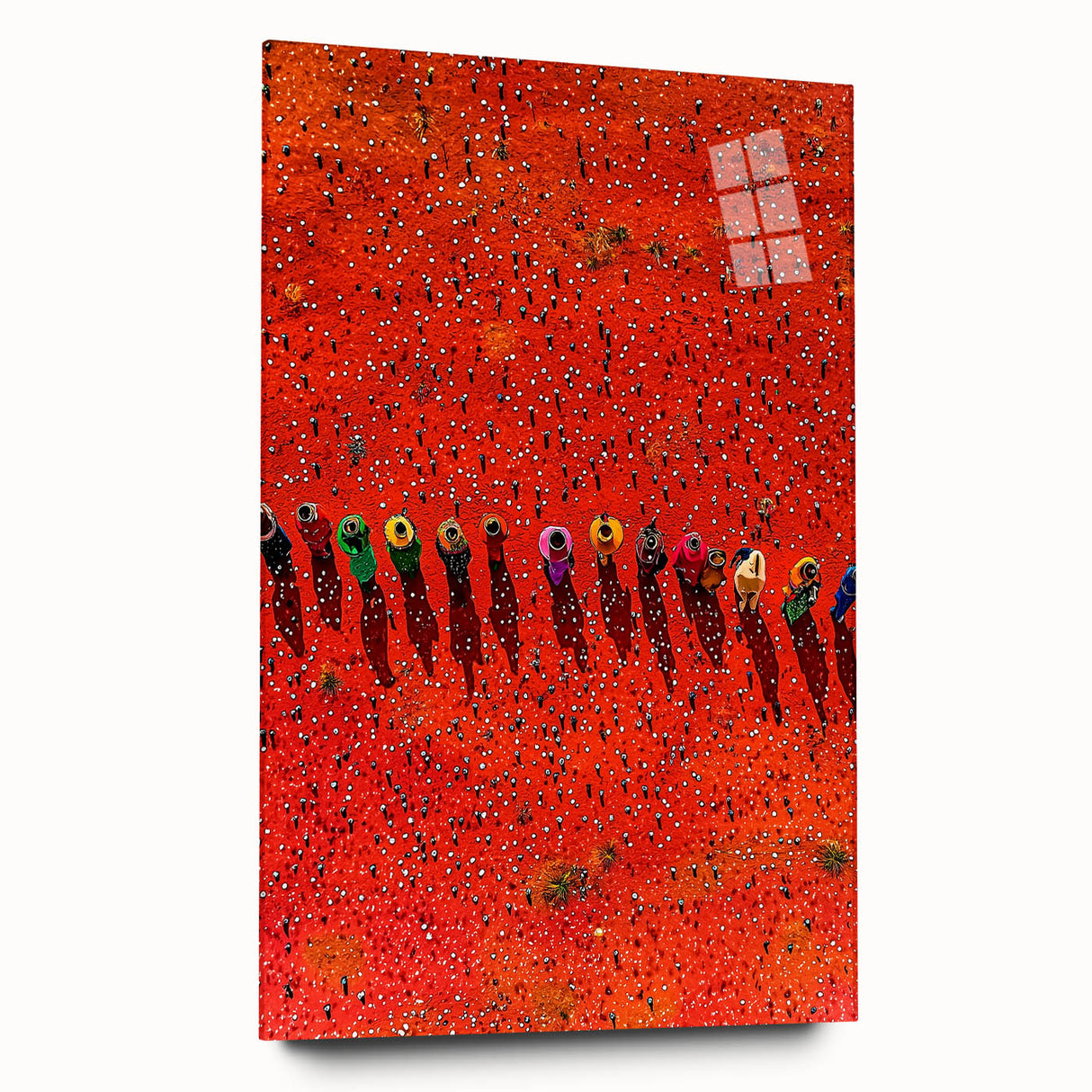Acrylic glass artwork depicting vibrant landscapes and fields, showcasing rich colors and intricate details, presented in a sleek side view without pins.