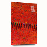 Acrylic glass artwork depicting vibrant landscapes and fields, showcasing rich colors and intricate details, presented in a sleek side view without pins.