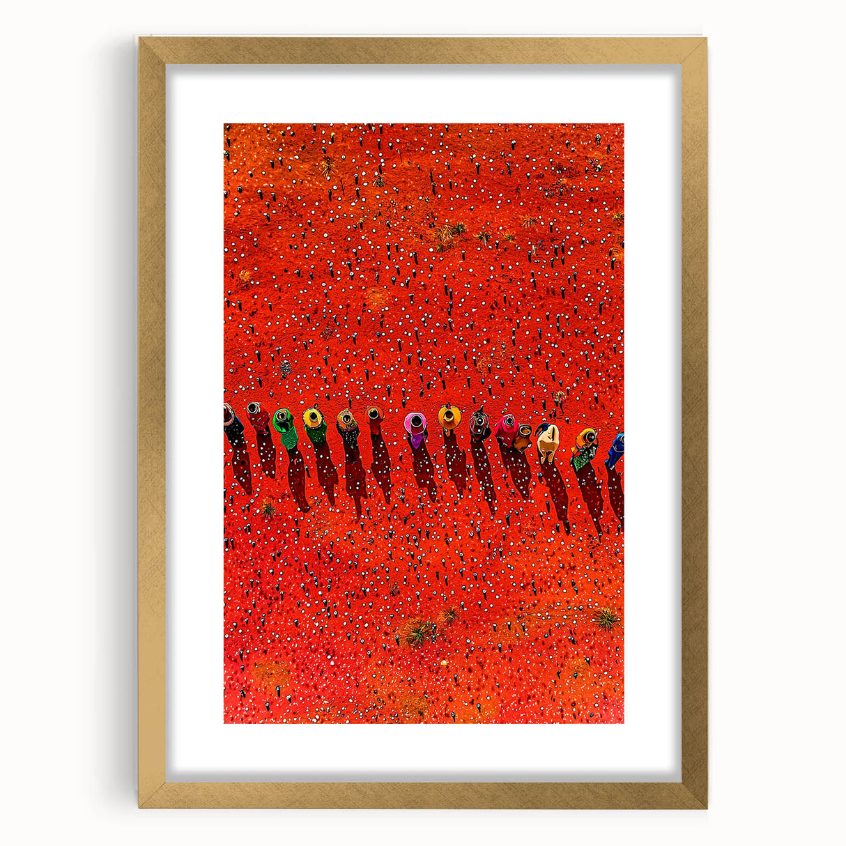 Elegant gold-framed landscape art print featuring a serene field scene with vibrant colors and a white mat, ideal for home decor and enhancing interior aesthetics.