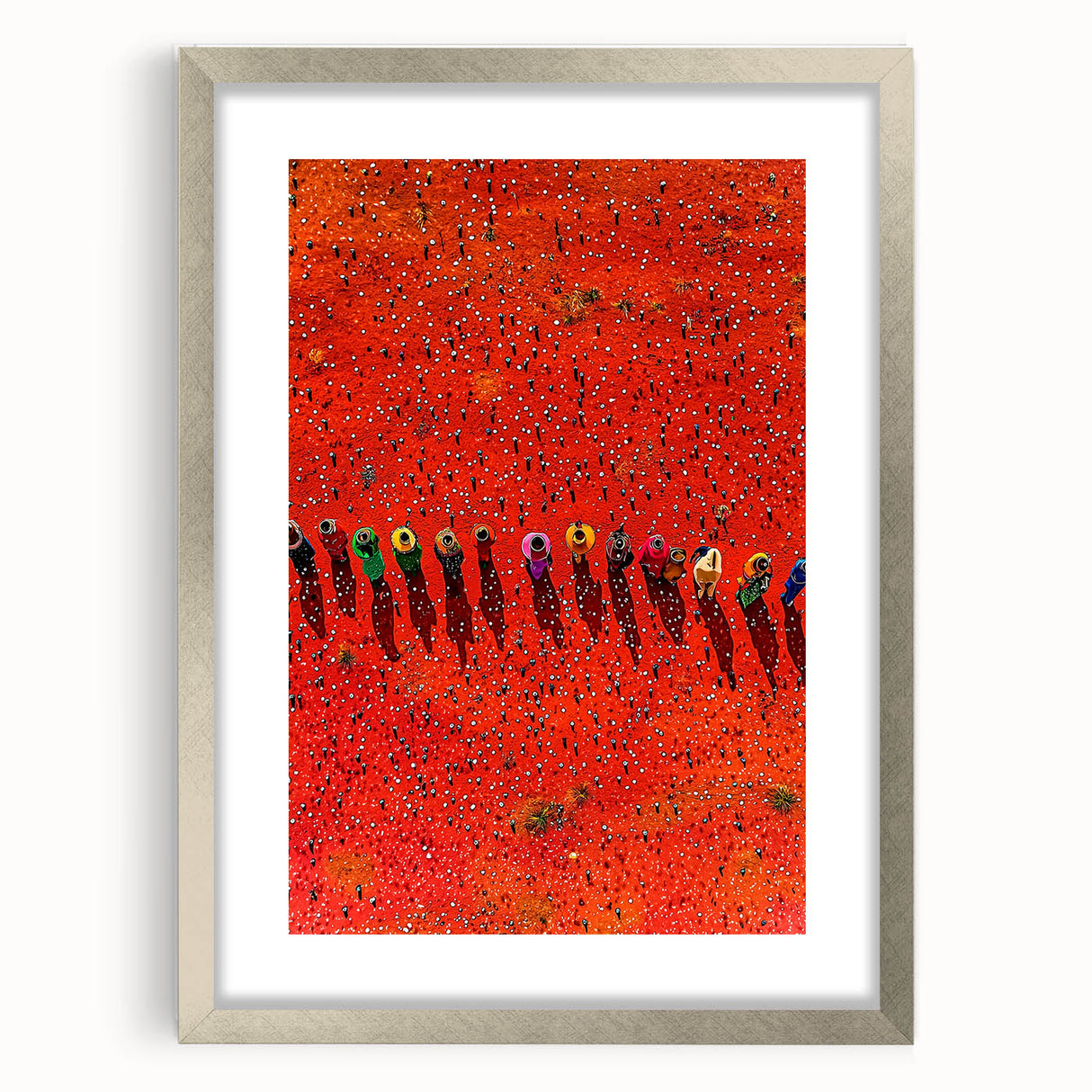 Silver-framed landscape artwork featuring vibrant green fields and a serene sky, elegantly matted for a refined presentation, ideal for home decor enhancement.